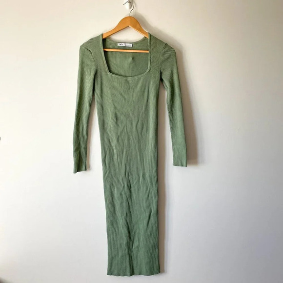 Zara Knit Long Sleeve Midi Dress Green Size Medium - Picture 5 of 8